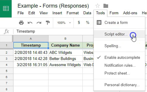 Google Forms - Edit Responses - 05 Script Editor Menu Link